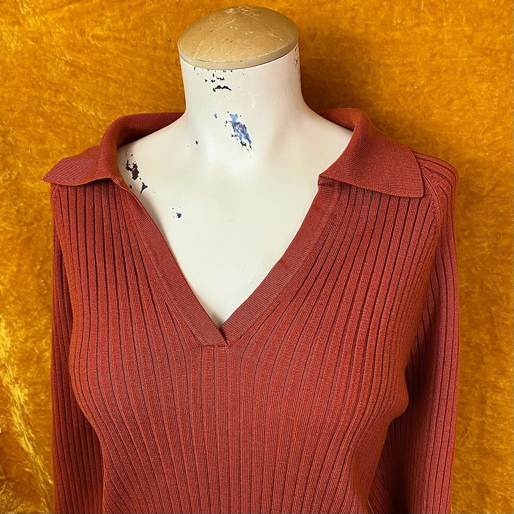 Lane Bryant Burnt Orange V-Neck Sweater Blouse with Collar